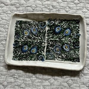 Handmade Pottery Trinket Dish Tray Peacock Feather Design 8" x 6" Gray Blue